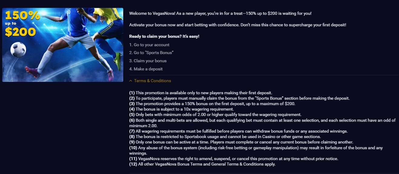Banner und Informationen zum Vega Nova Sport-Willkommensbonus