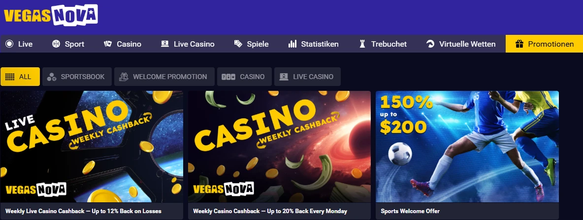 Vegas Nova-Aktionsseite mit zwei Cashbacks und dem Sportbonus