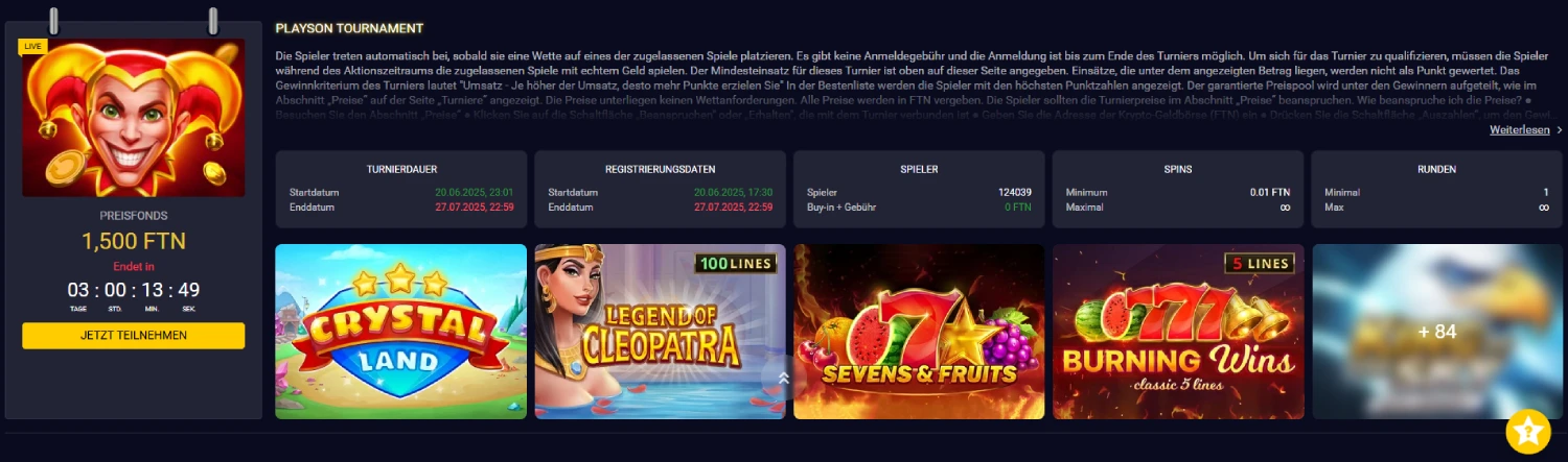 Die Turnierseite, auf der das Playson-Slot-Turnier vorgestellt wird