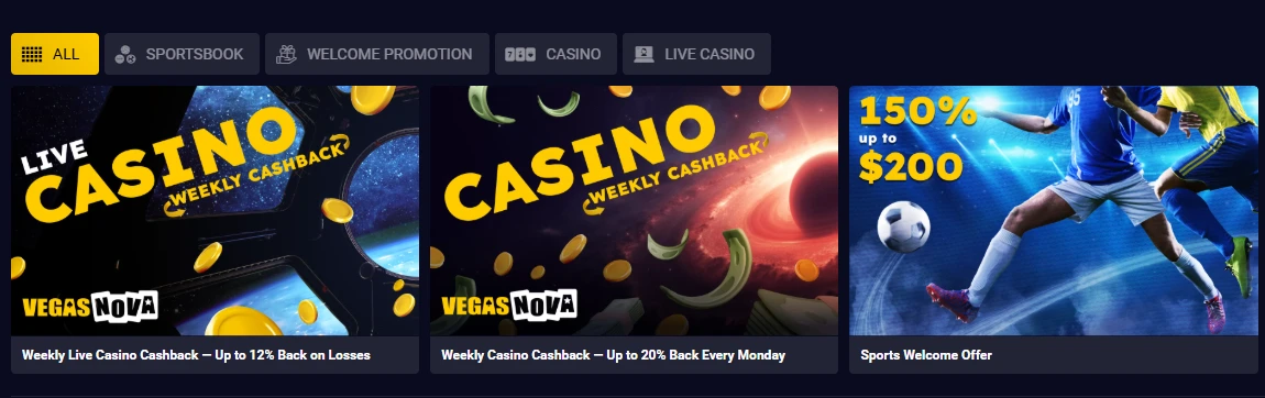 Werbebanner für Cashback-Angebote auf der VegasNova-Website.
