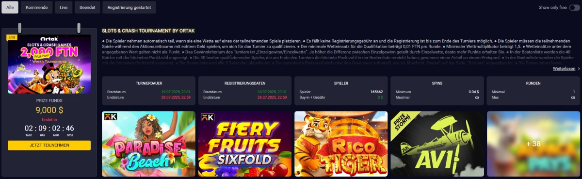 Vegas Nova Casino-Turnierseite mit dem Slots & Crash-Turnier von Ortak