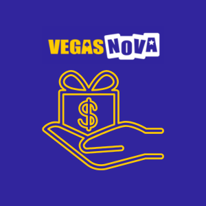Eine Geschenkbox, die von einer Hand unter dem Vegas Nova-Logo gehalten wird.