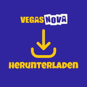 Vegas Nova Casino App-Download-Icon mit gelbem Pfeil und Text, das die Installation der mobilen App auf blauem Hintergrund darstellt.
