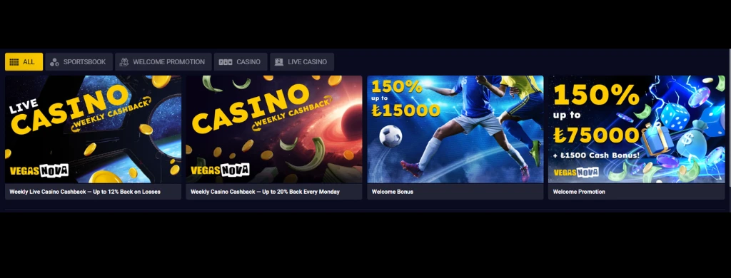 Werbebanner für Cashback-Angebote auf der VegasNova-Website.